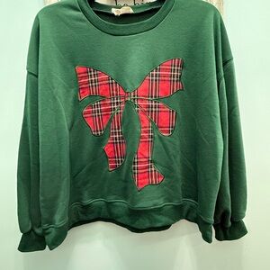Green Sweatshirt with Red Plaid Bow